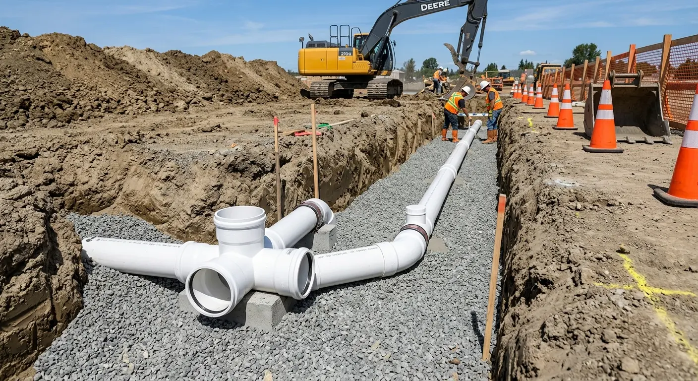 New PVC sewer pipe installation in open trench for Commercial Drain Cleaning in Air Force Academy