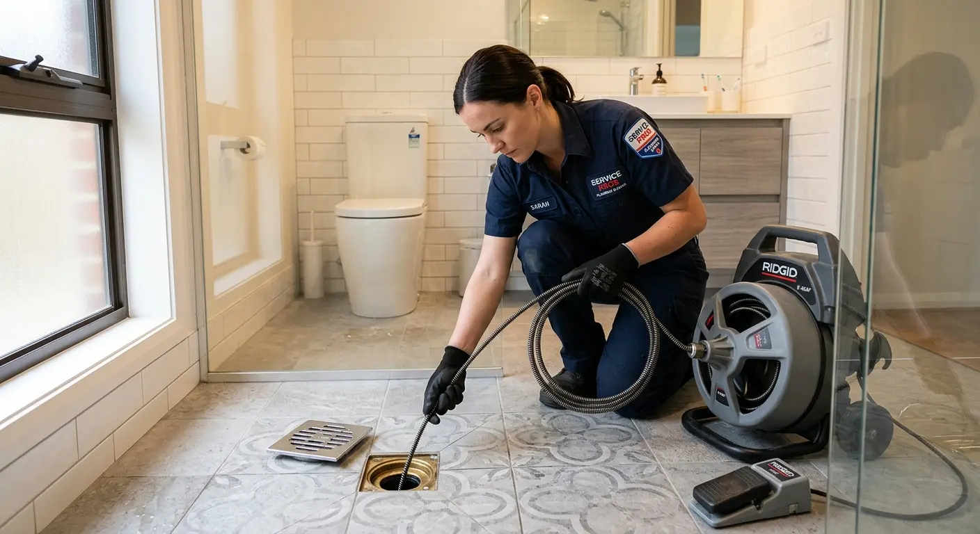 Technician clearing a bathroom floor drain for Sewer Line Replacement in Air Force Academy